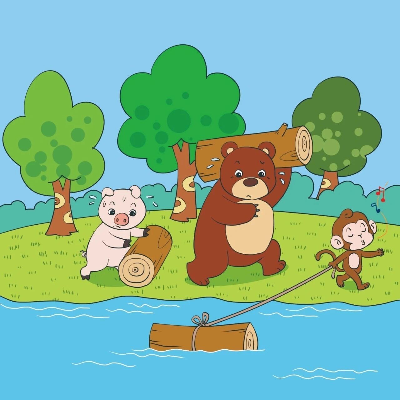 97一年级看图写话《搬木头》 夏日的一天,小猪,小熊,小猴一起帮木材