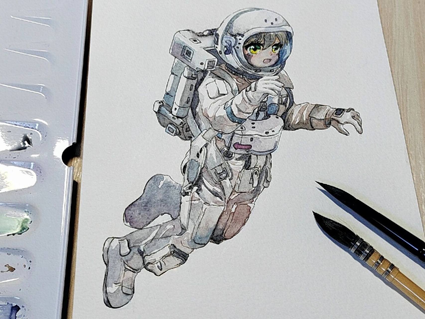 水彩练习-宇航员 去电影院看了流浪地球,太空电梯也太酷了吧,飞向太空