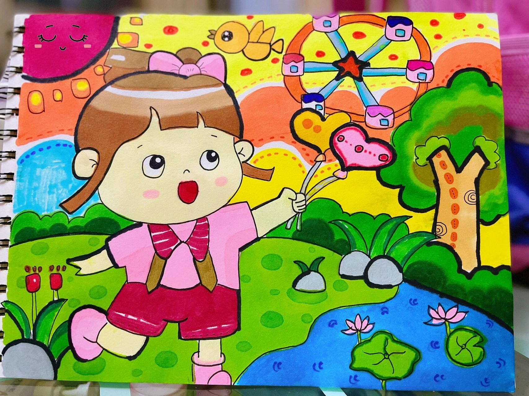 儿童画 简笔画 游乐园户外玩耍 小女孩去户外玩耍咯 好开心呀