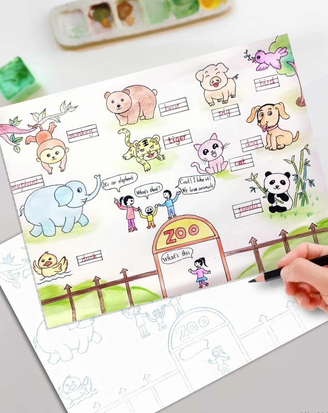 英语三上四单元动物animal线稿animal手抄