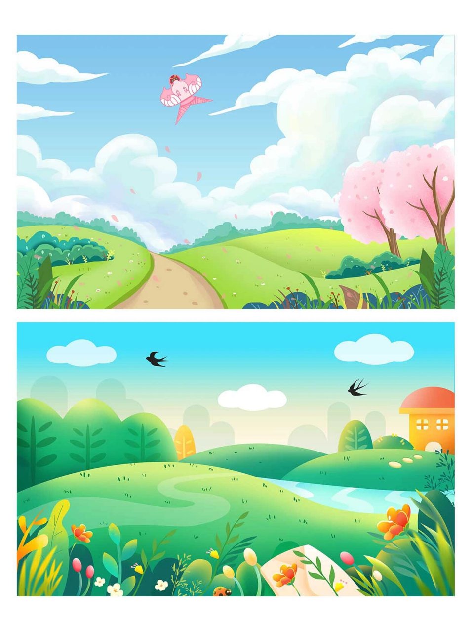 94春季樱花春游素材卡通春天卡通春天放风筝插画 94