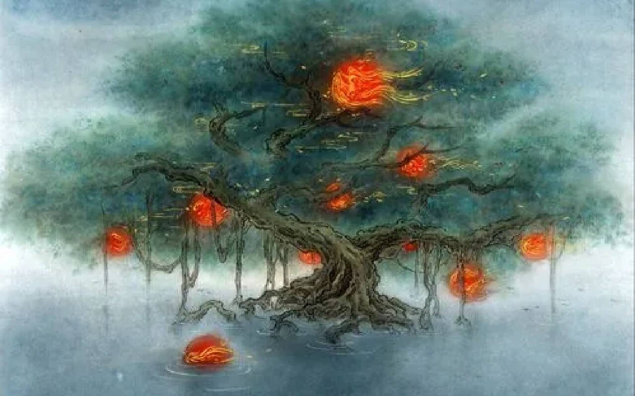 汤谷中生长着一棵扶桑树,那里是十个太阳洗澡的地方,位于黑齿国的北面