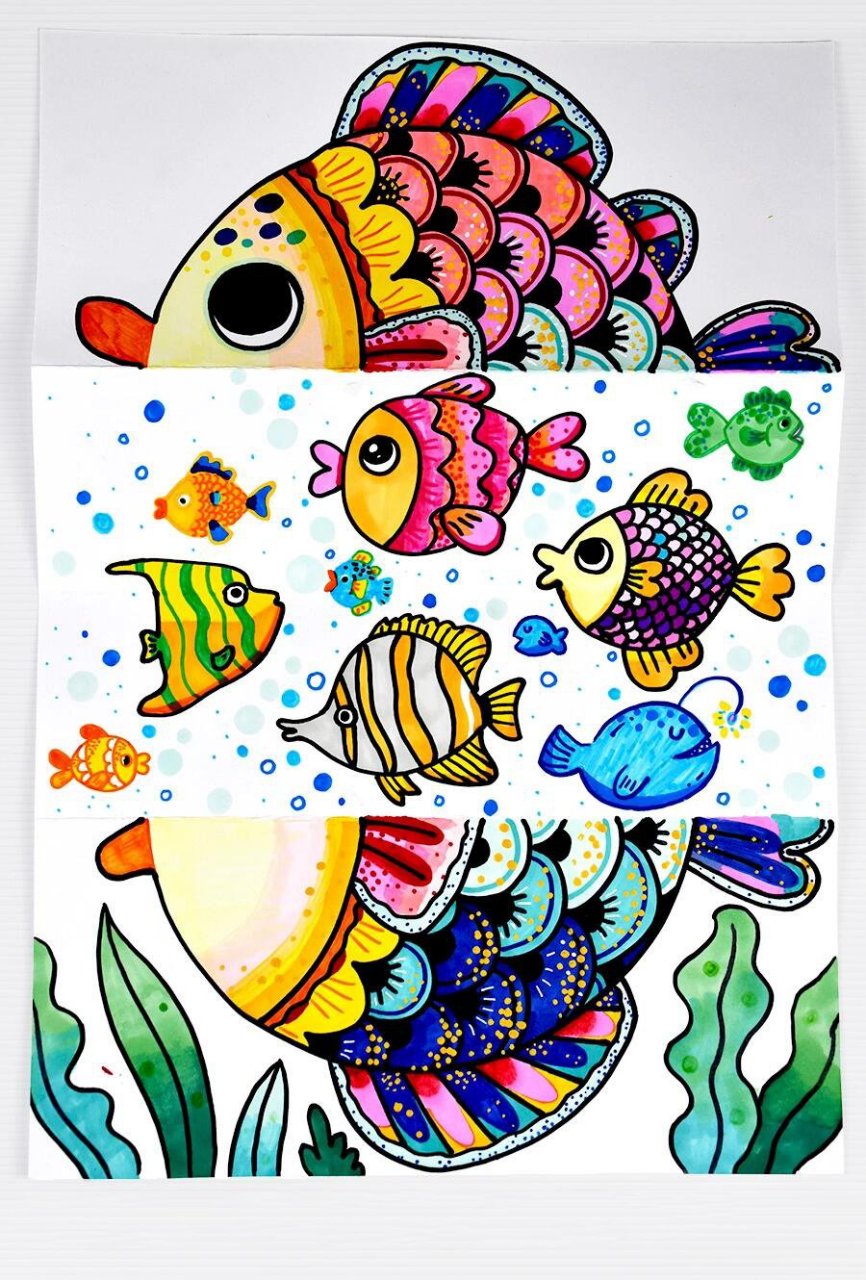 儿童画教程|折纸的魔法:大鱼吃小鱼 【教学重难点】  了解鱼的基本