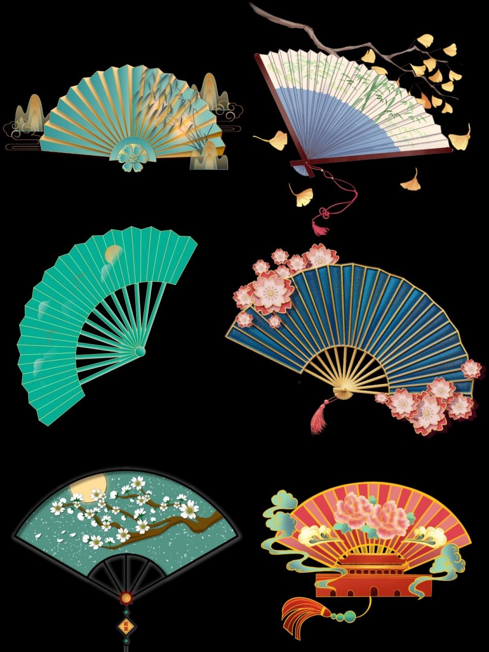92今日分享一组 【国潮古风折扇装饰背景元素png素材】 9595