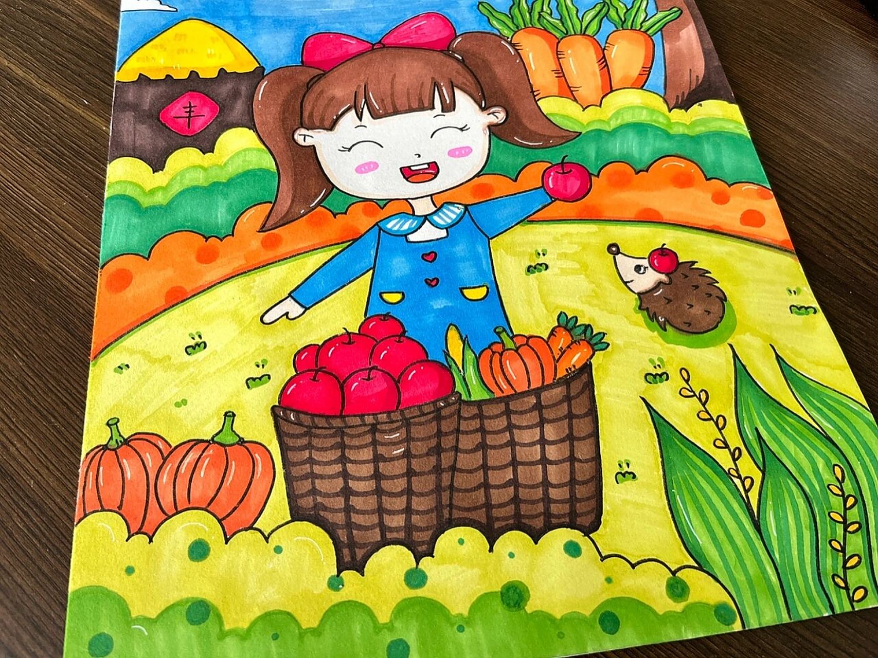 秋收主题绘画 关于秋天果实成熟的绘画桂花飘香,稻穗低垂.