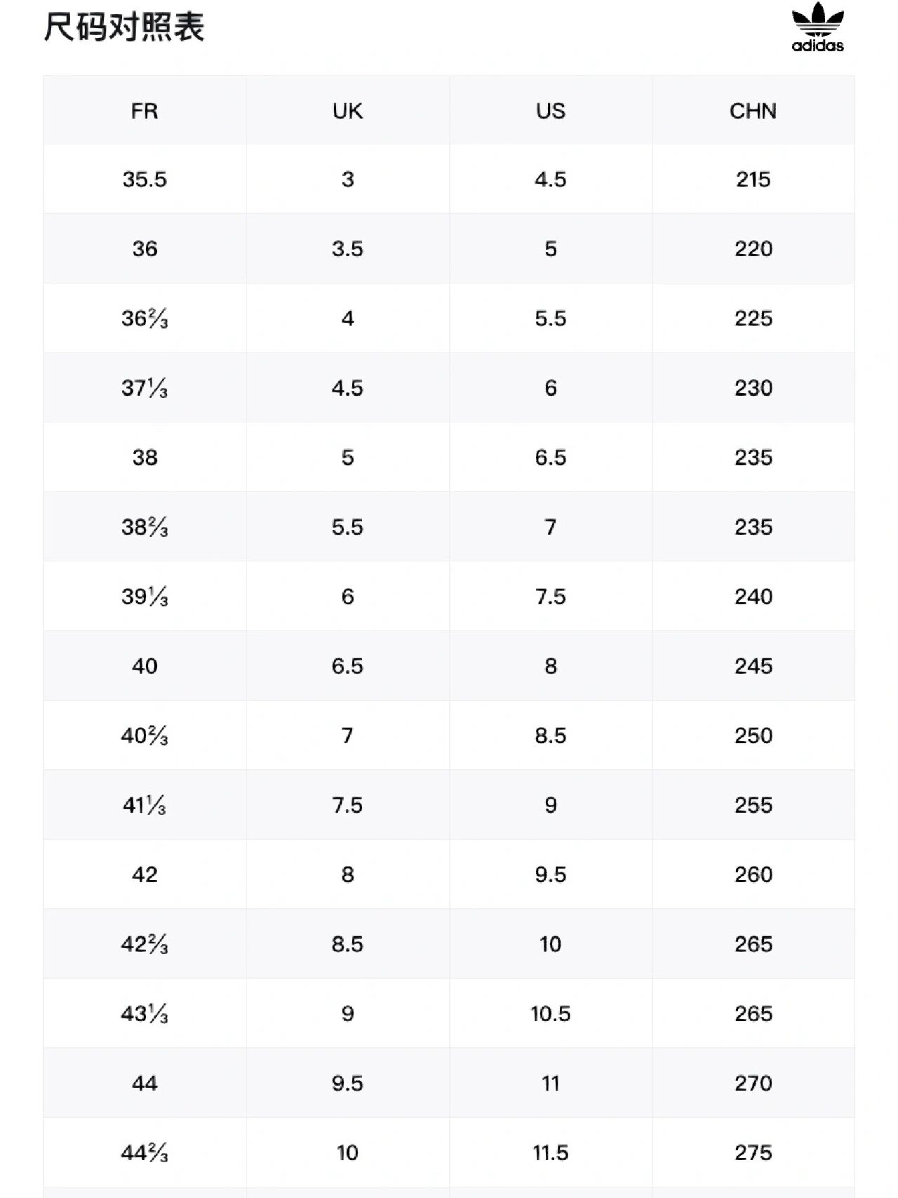 阿迪达斯鞋尺码对照表图片