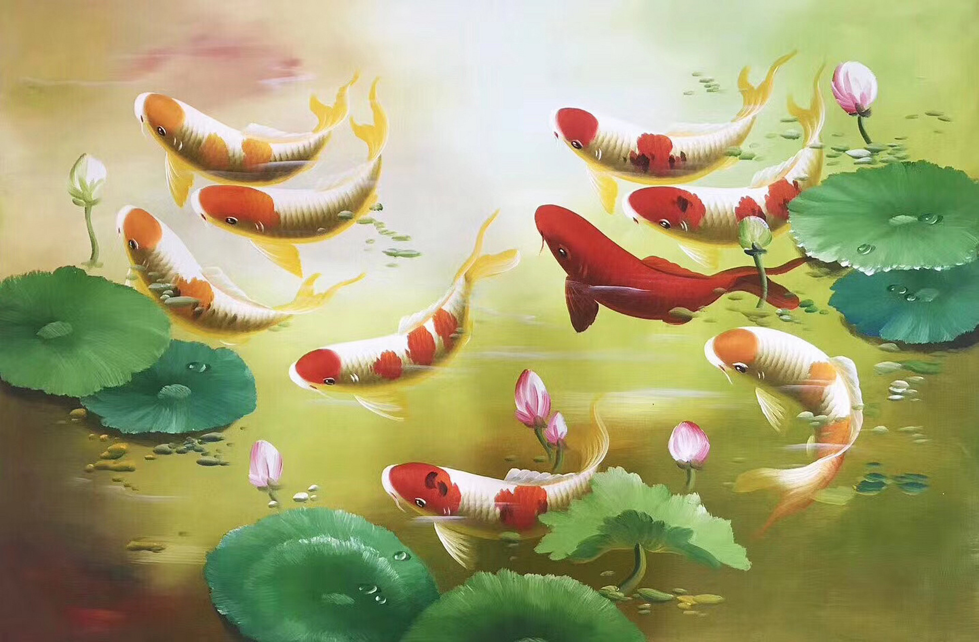 油画九鱼图 尺寸:90x60