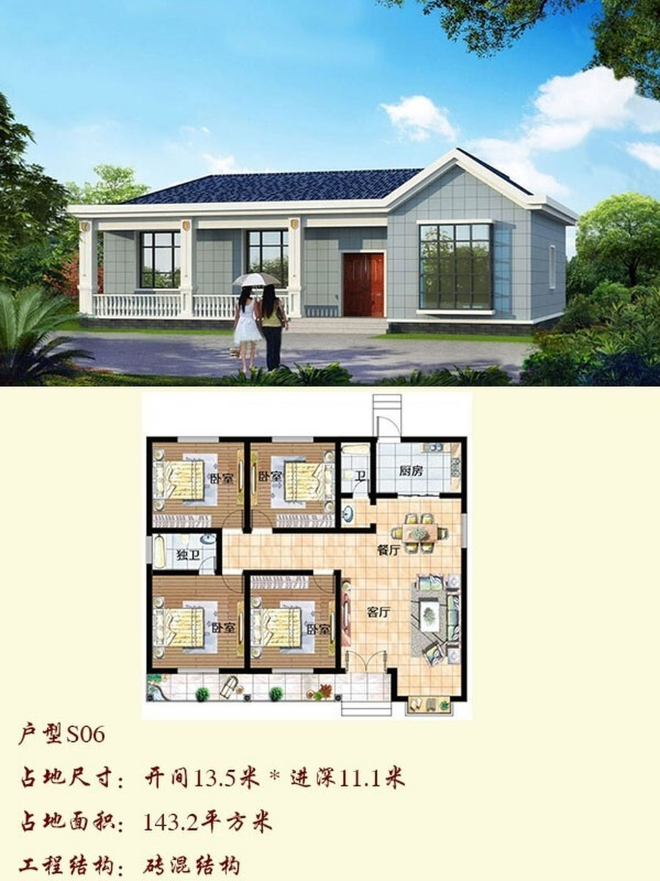 8个占地150农村自建1层或1层半别墅设计图 94 随着新农村的发展