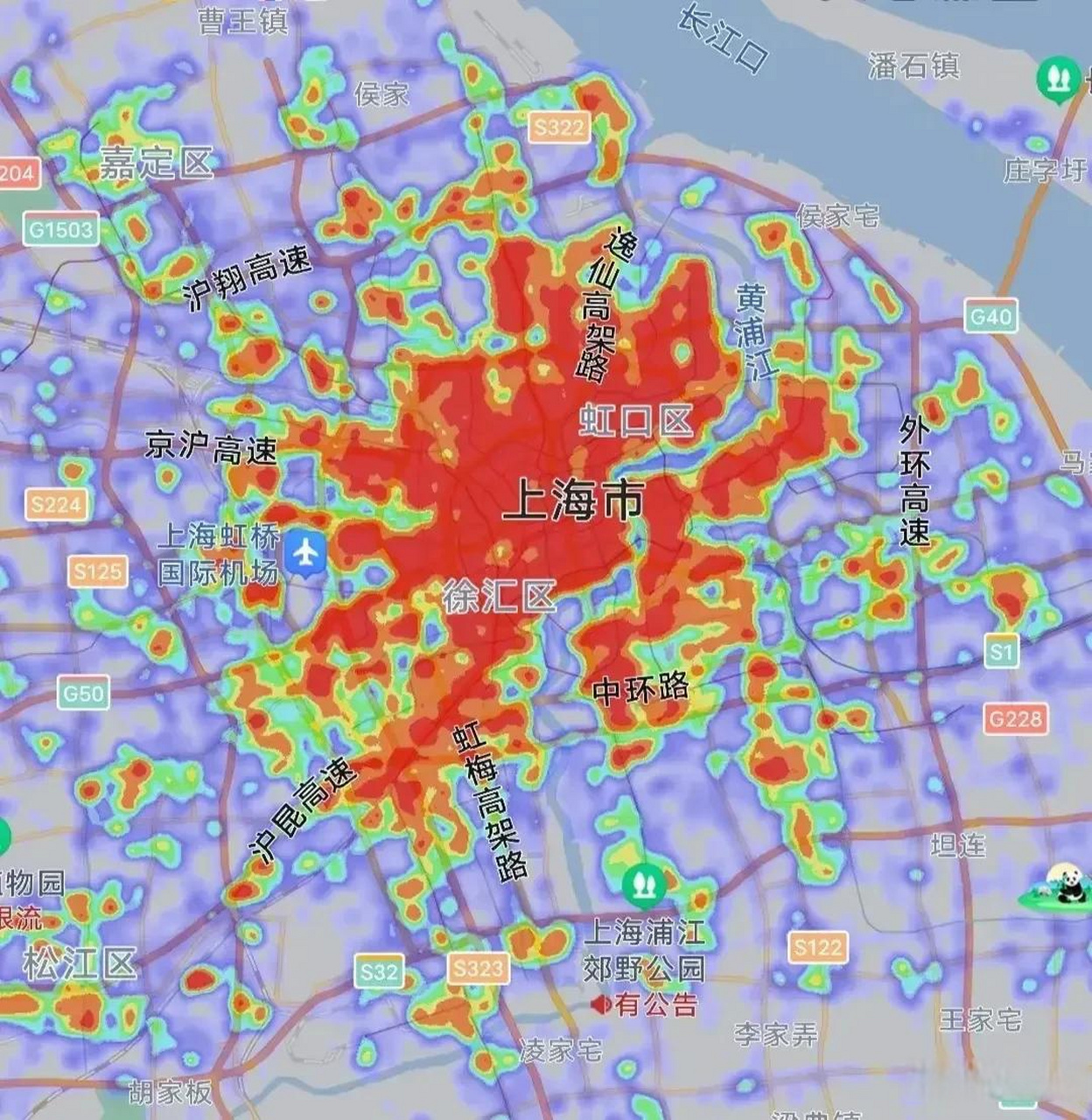 上海疫情前后热力图对比.第一张是3月5日晚上10点半