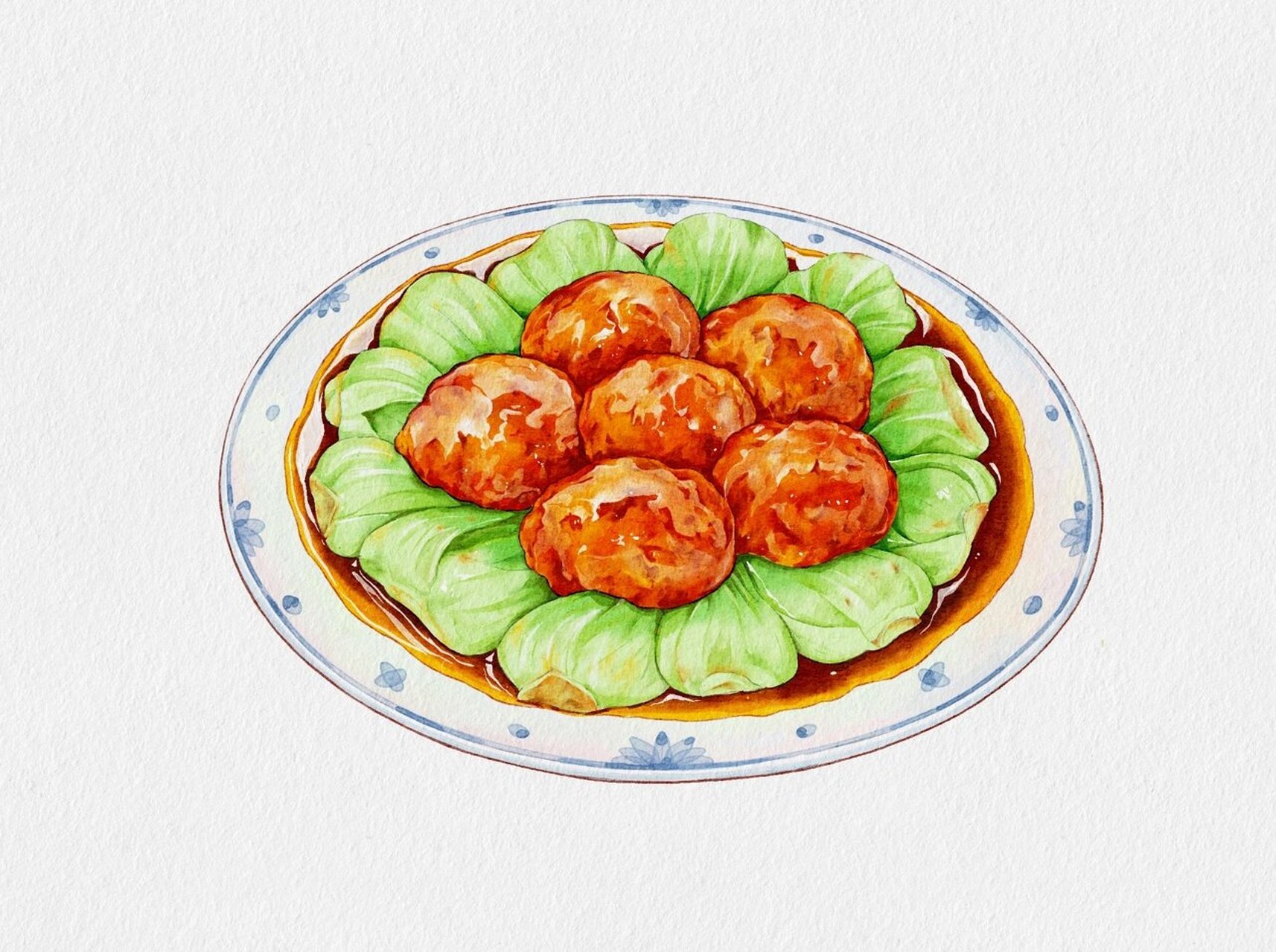 ipad水彩美食插画 四喜丸子 哈哈四喜丸子,我画了五个 一喜,金榜提名.