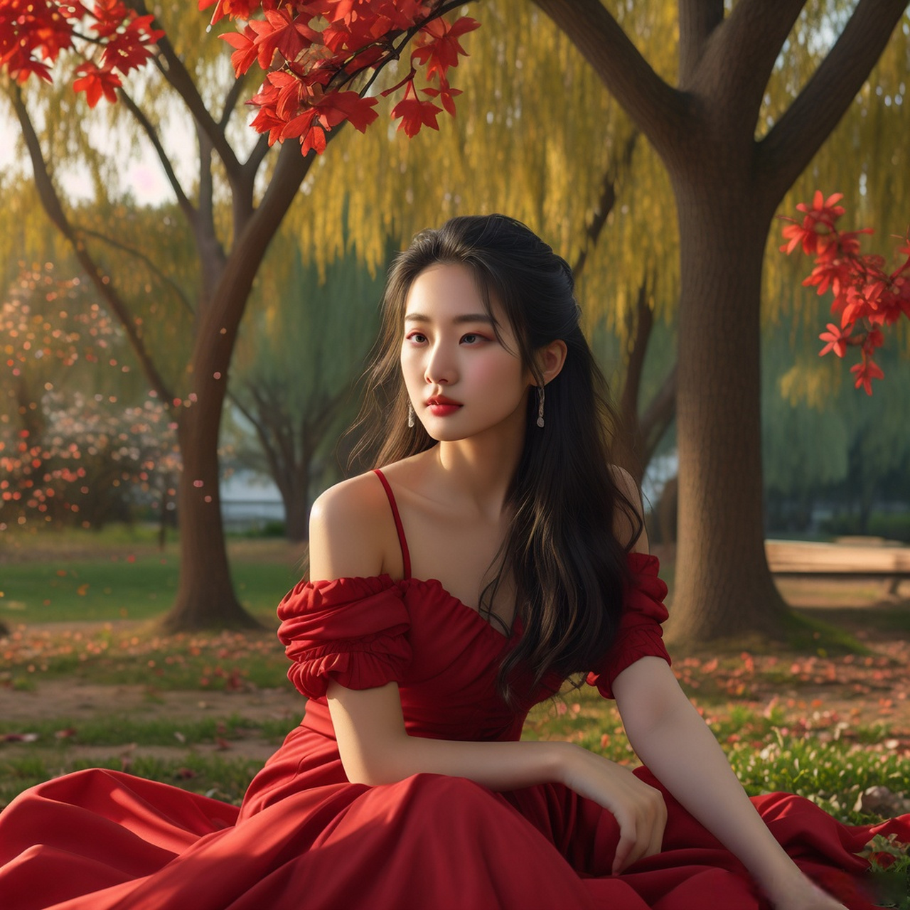 💖  秋日午后,阳光斜洒,长椅上坐着一位红衣美人,宛如画中仙子.