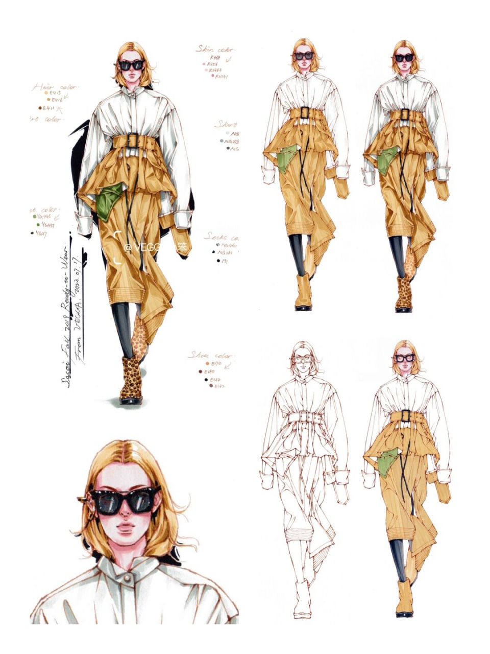 马克笔服装效果图 秀场图在后面7815 94上色:富莱卡勒三代软头