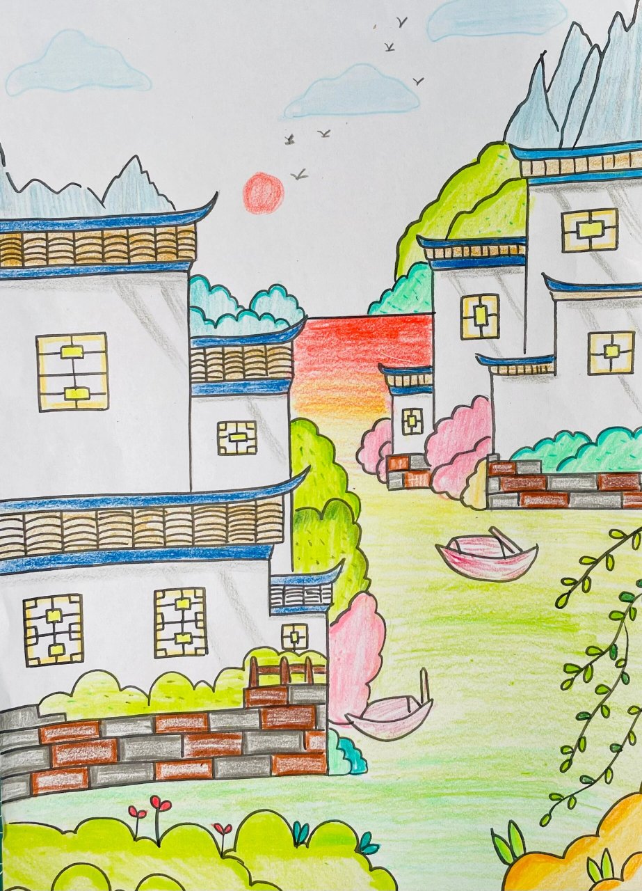《江南》房子风景画线描儿童画简笔画创意画 风景画,江南,中国风,房子