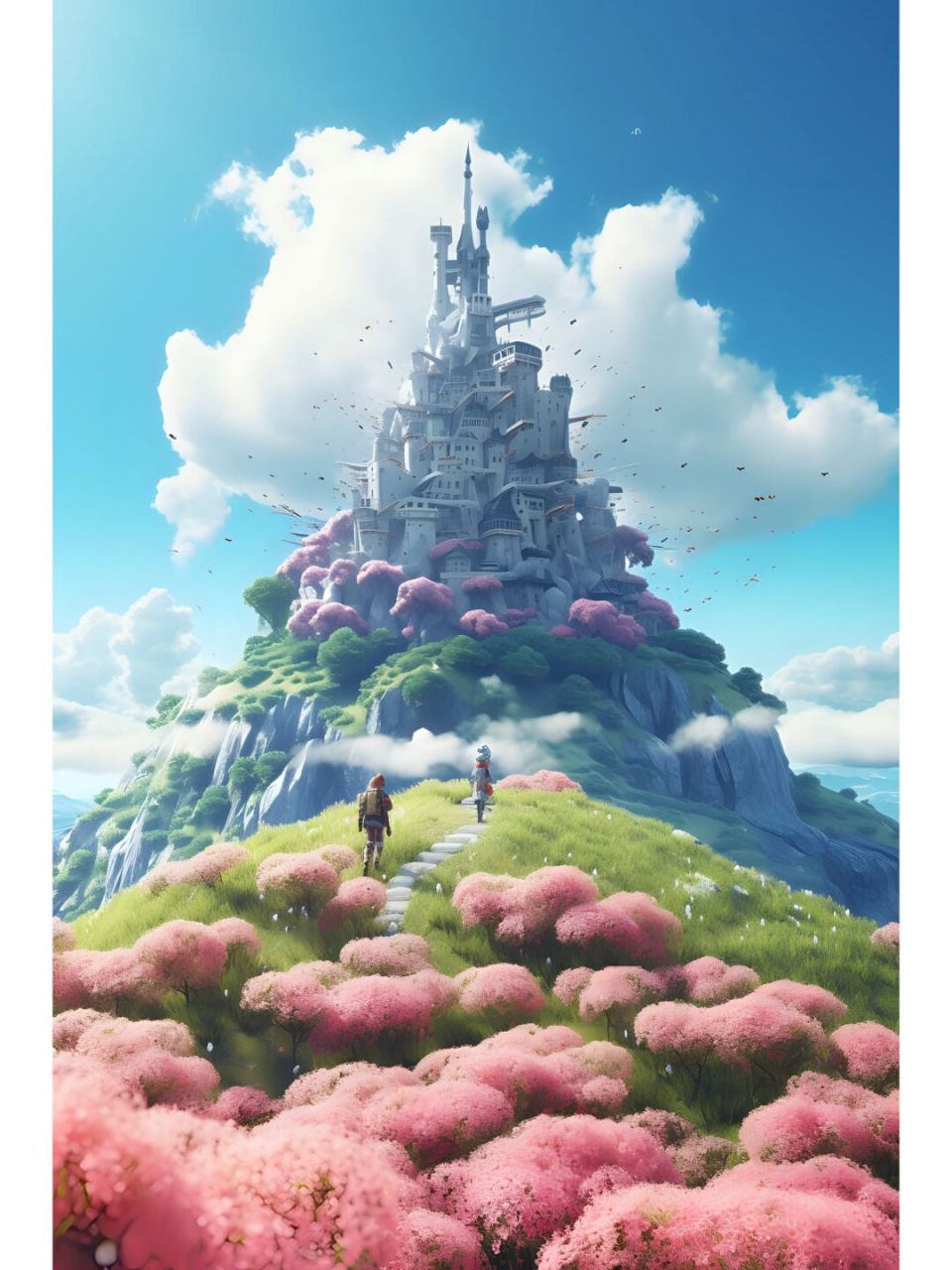 the white castle of the king, many flowers, a few roses, clouds