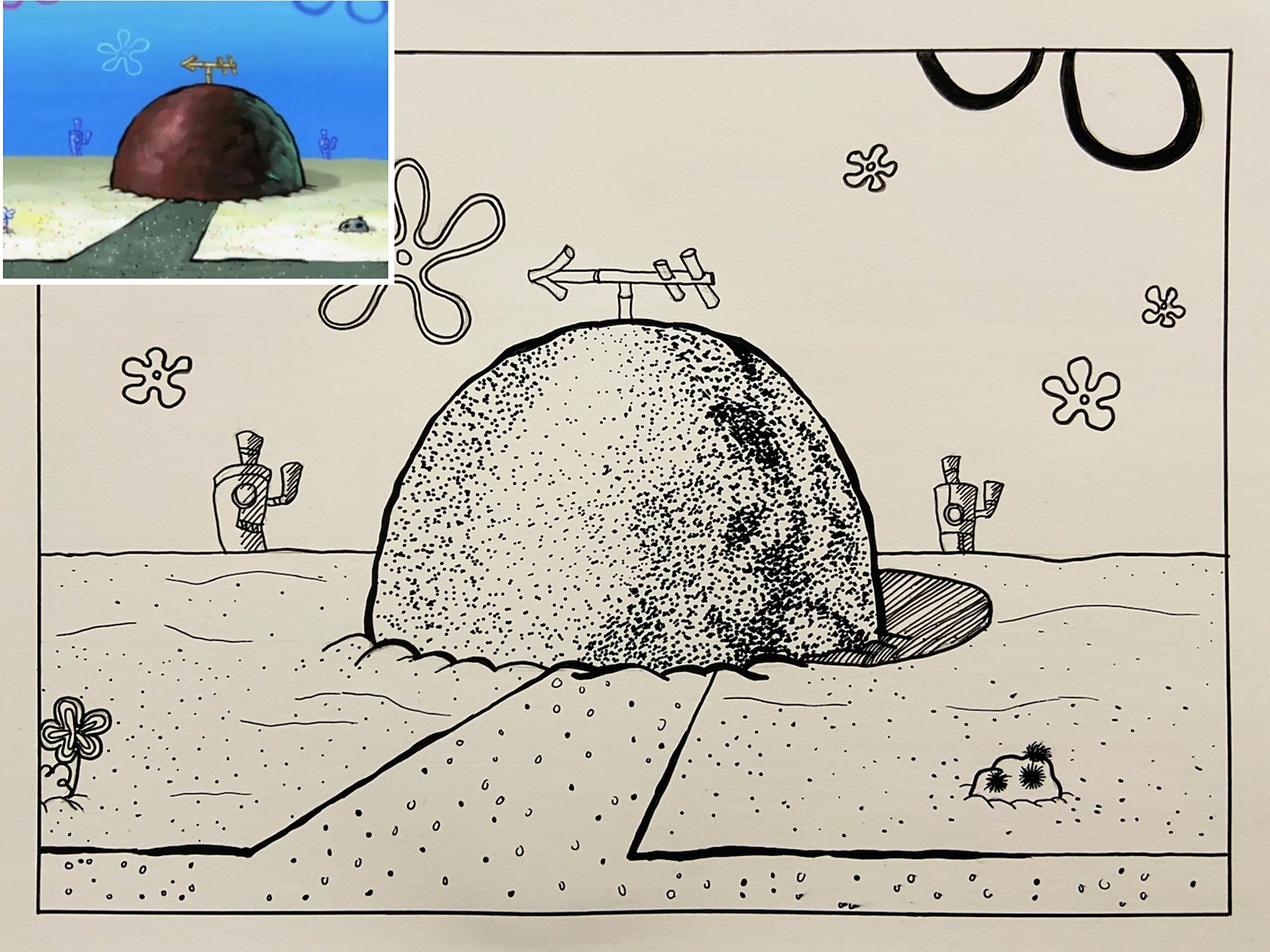 day57 黑白简笔画|派大星的92|有过程图 石头屋 派大星的家终于来了