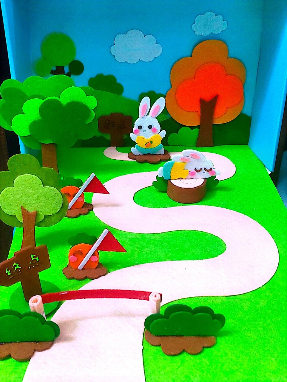 不织布故事盒子 《龟兔赛跑》 期末作业完成啦,这次搭配了快递盒子做