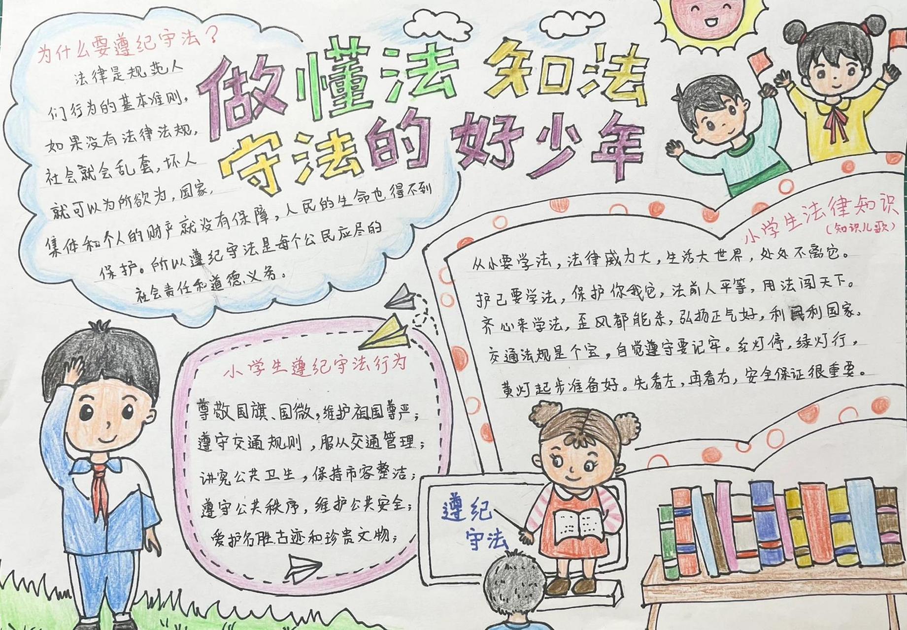 小学生遵纪守法a4纸彩铅手绘手抄报