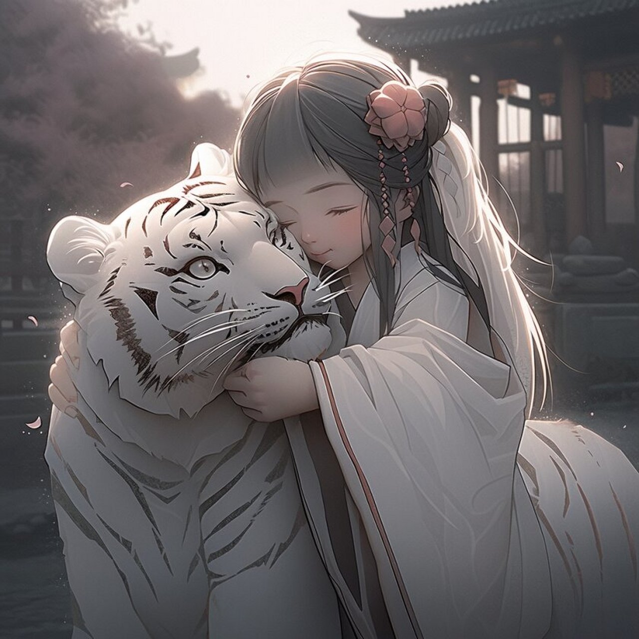 少女与虎系列头像 超萌可爱的白虎,古代风格小女孩系列~02