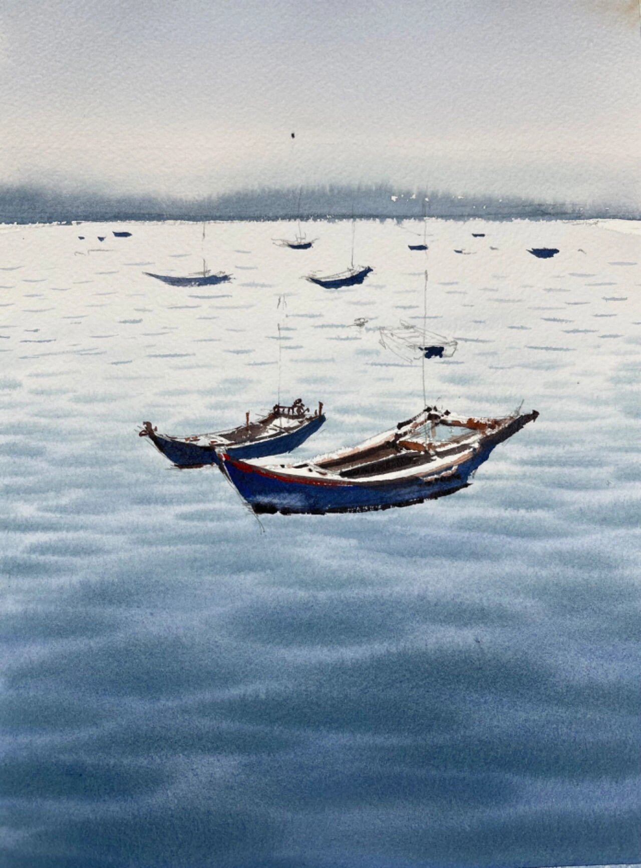 夏日海景·波光粼粼 #水彩# #海景# #船# #水彩过程# #水彩画# #水彩