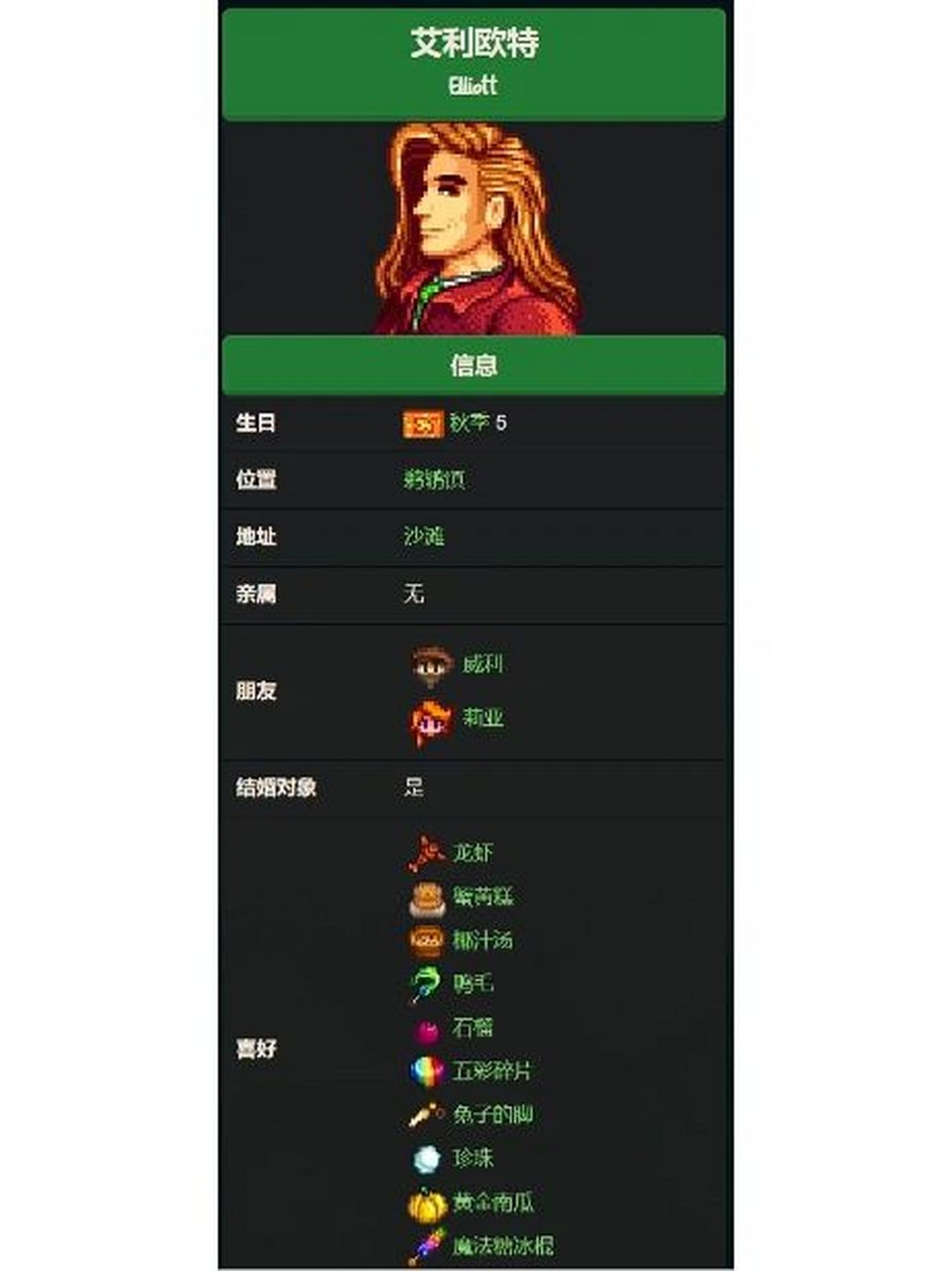 星露谷物语艾利欧特行程&喜好