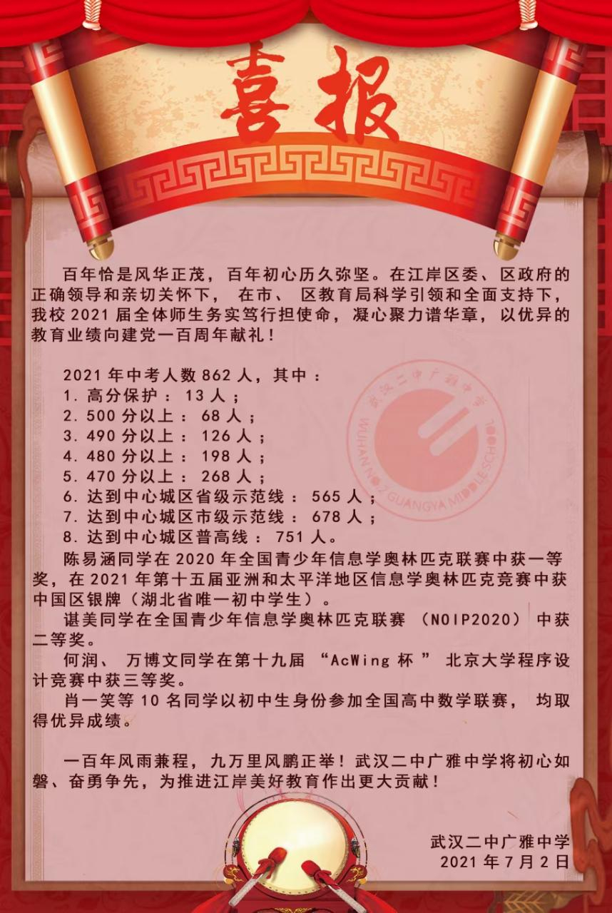 1% 7月2日,武漢二中廣雅中學發佈中考喜報,862人參加中考,達到主城區