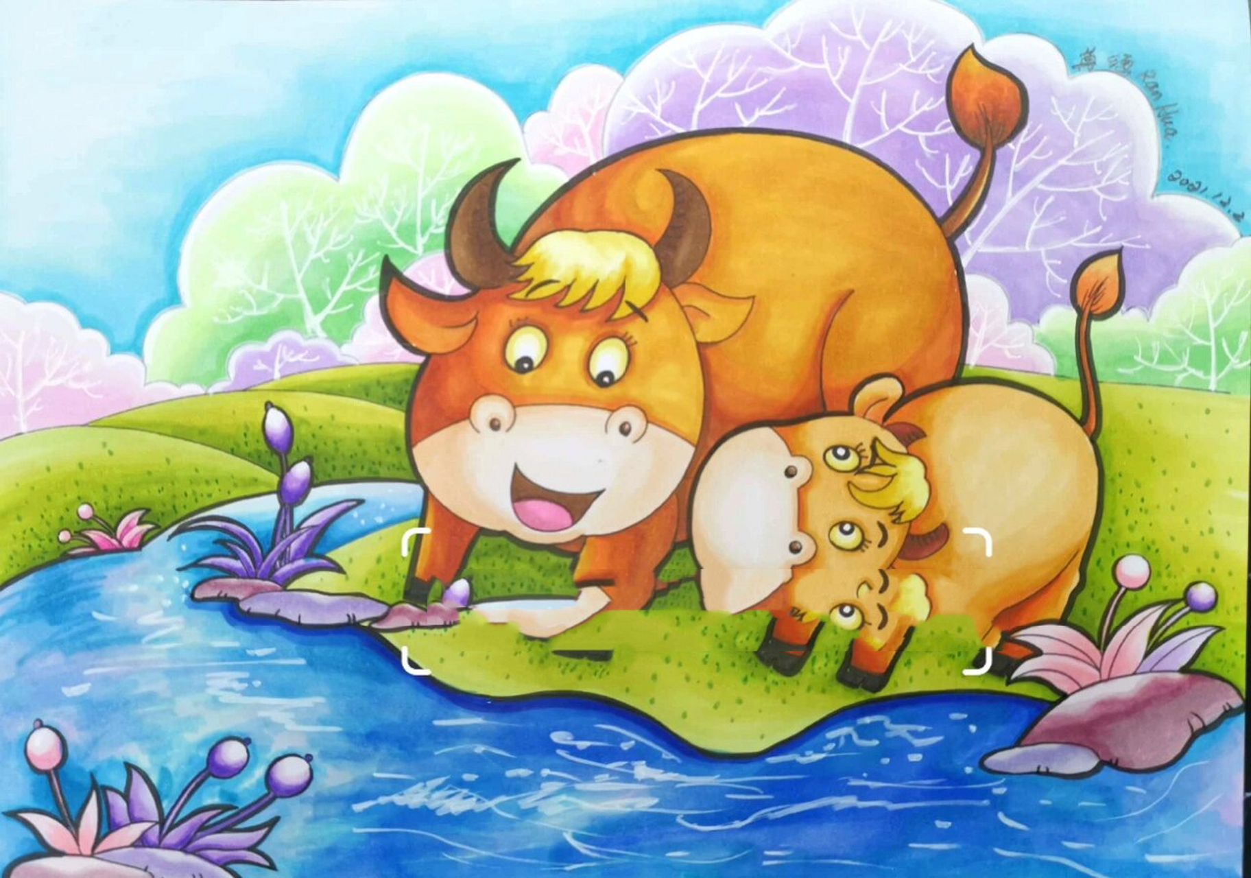 马克笔儿童画  小黄牛和妈妈 牛宝宝和妈妈 工具: a4白卡纸  法卡勒