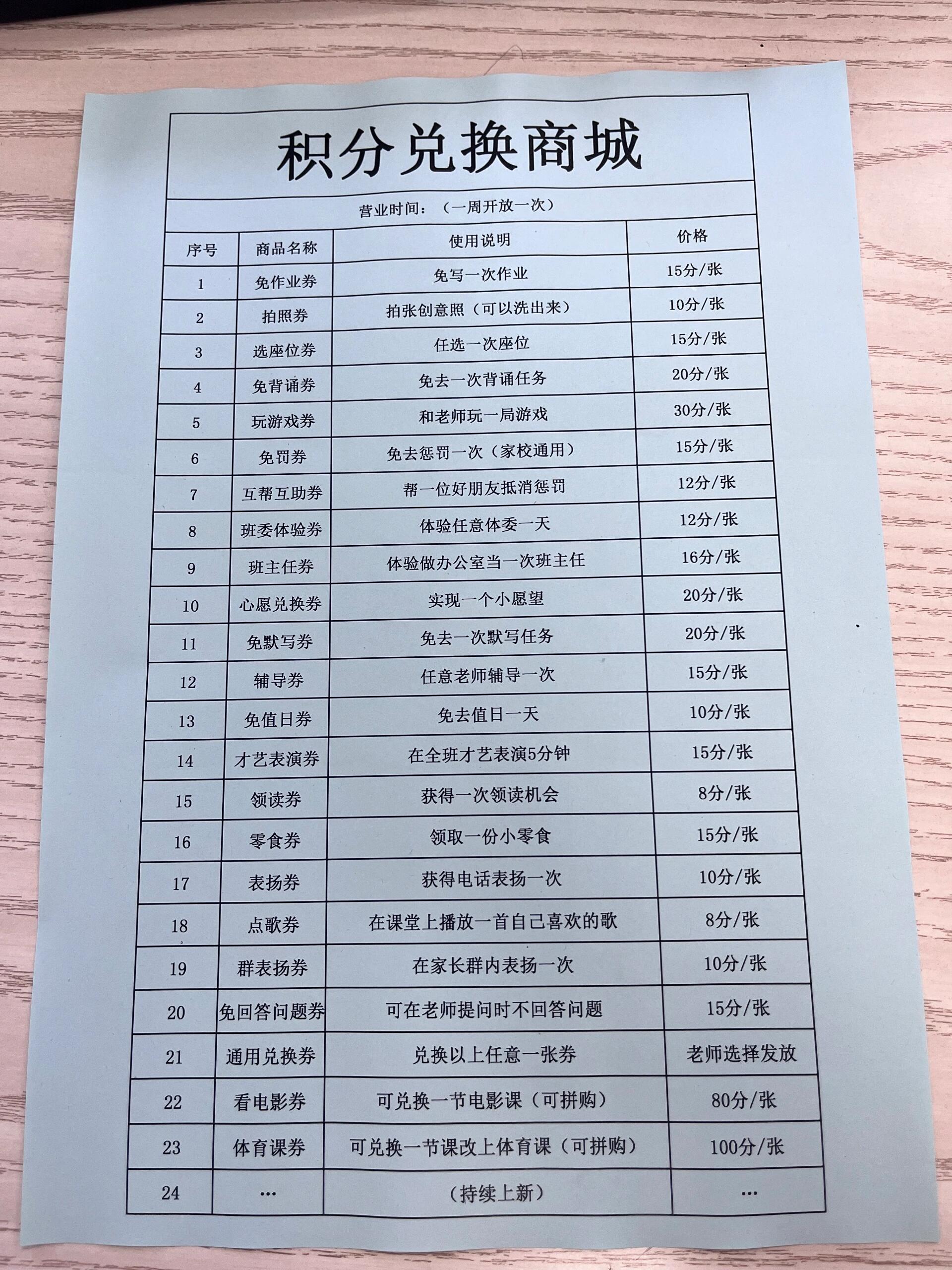 班主任开的积分兑换商店