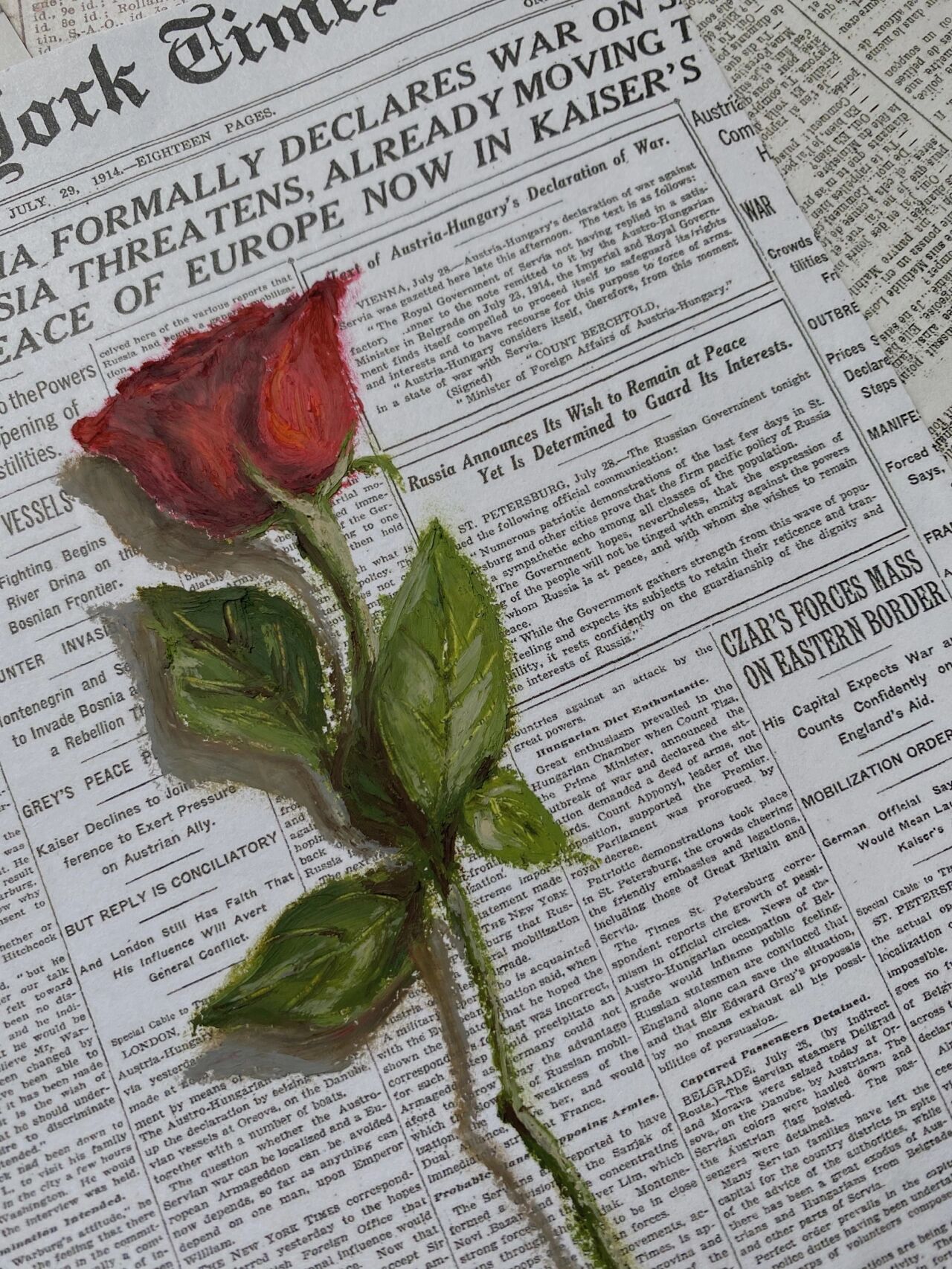 96油画棒|15分钟速涂08复古玫瑰花 在英文报纸上画立体的玫瑰花