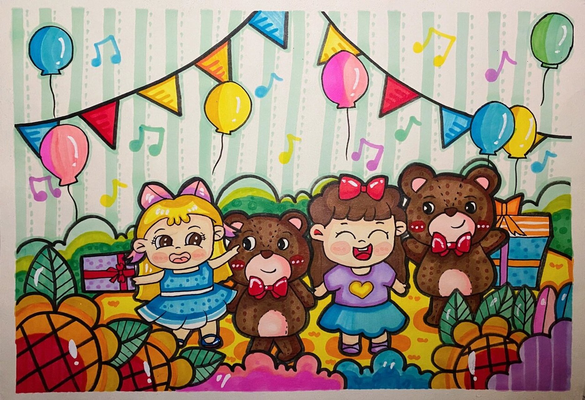 洋娃娃和小熊跳舞简笔画