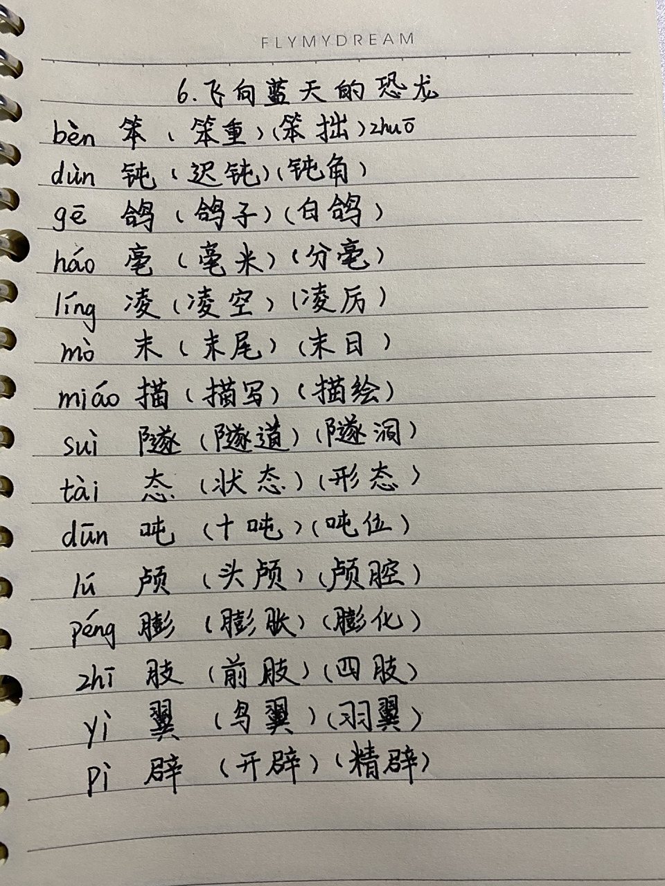 四下语文第六课《飞向蓝天的恐龙》生字组词