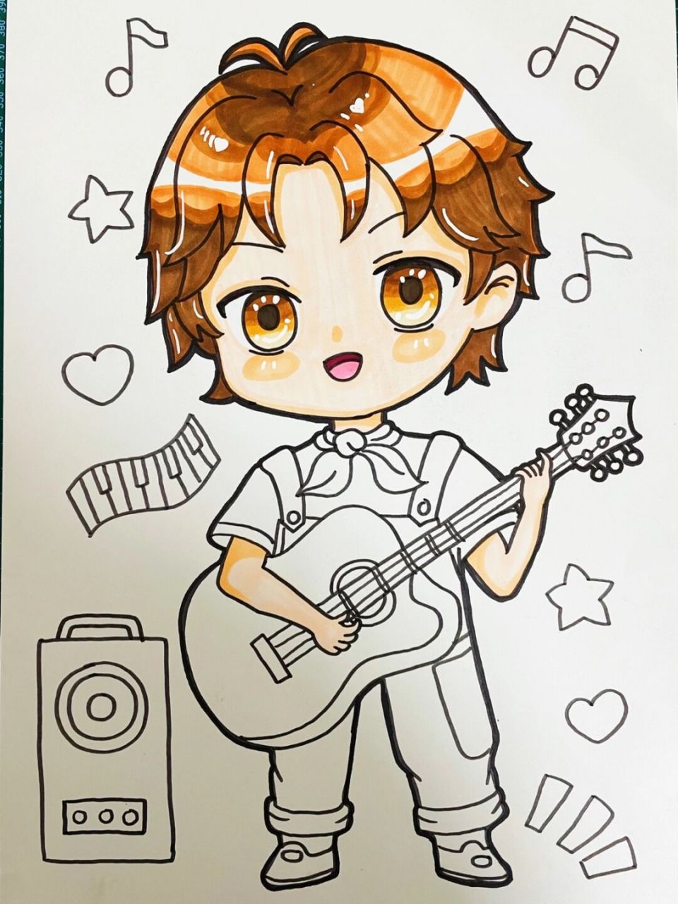 弹吉他的小男孩 马克笔手绘 动漫男孩 弹吉他的的小男孩,唱歌的的小