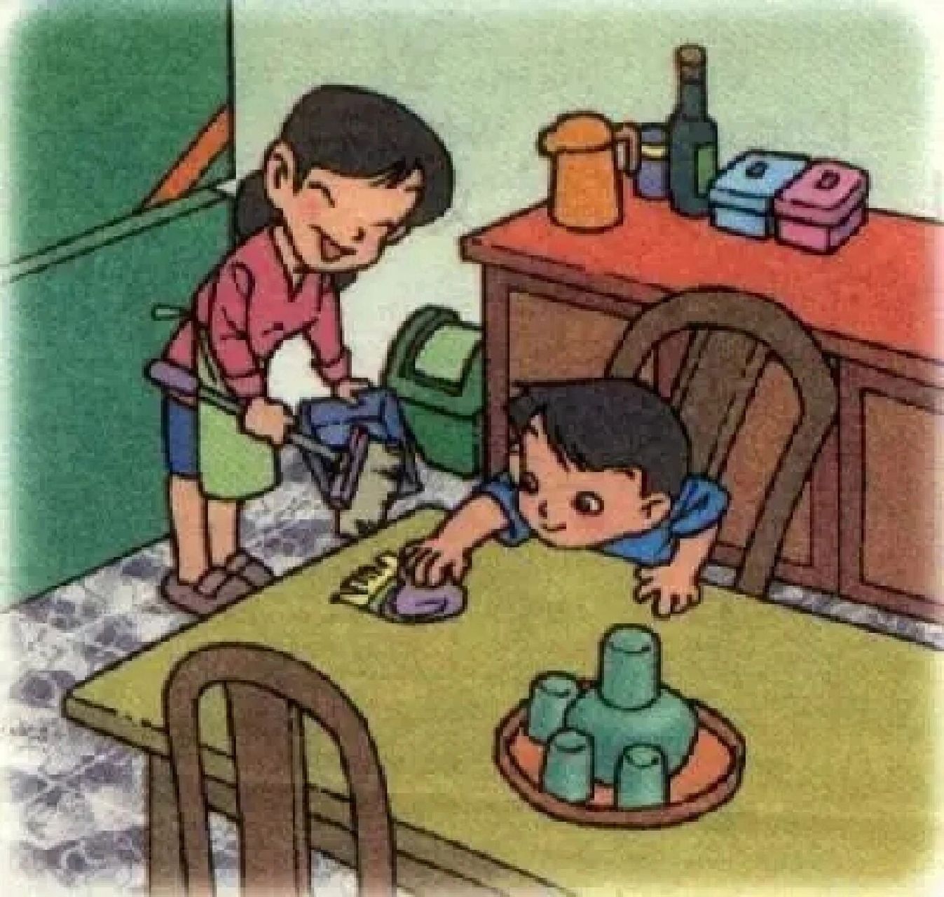 看图写话 帮妈妈做家务 周六早上,当小明开始做作业时,妈妈早已在家里