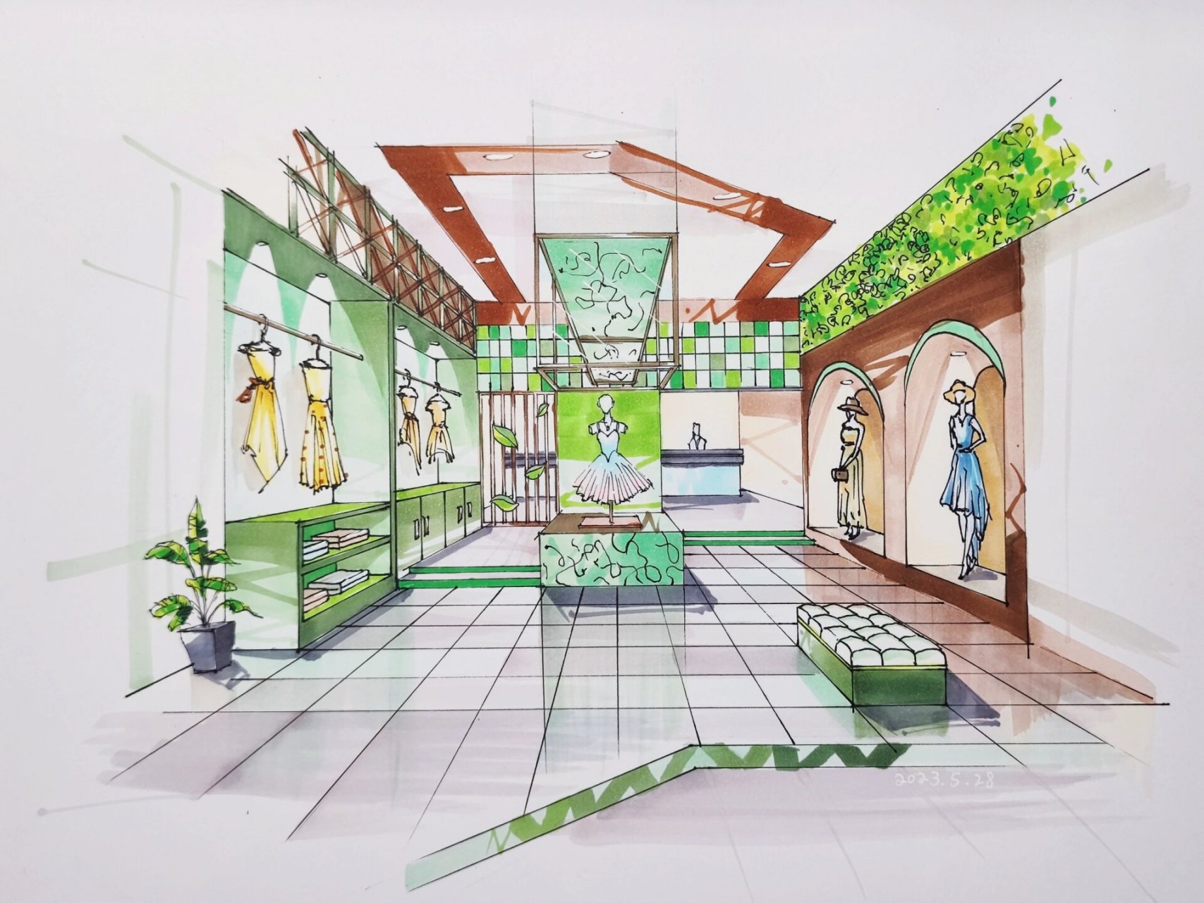 绿色系服装店展示空间 手绘效果图 带线稿 是作业 加了很多自己的想法