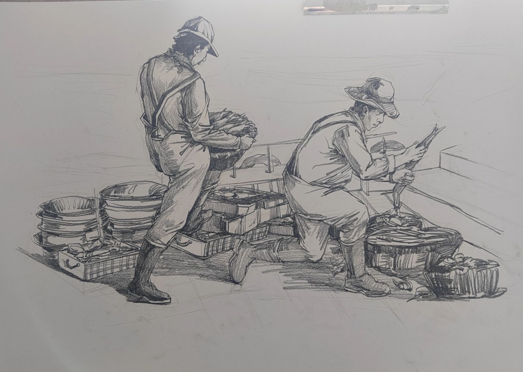 根据库尔贝油画《石工》创作海边捕鱼的场景 请根据库尔贝油画《石工