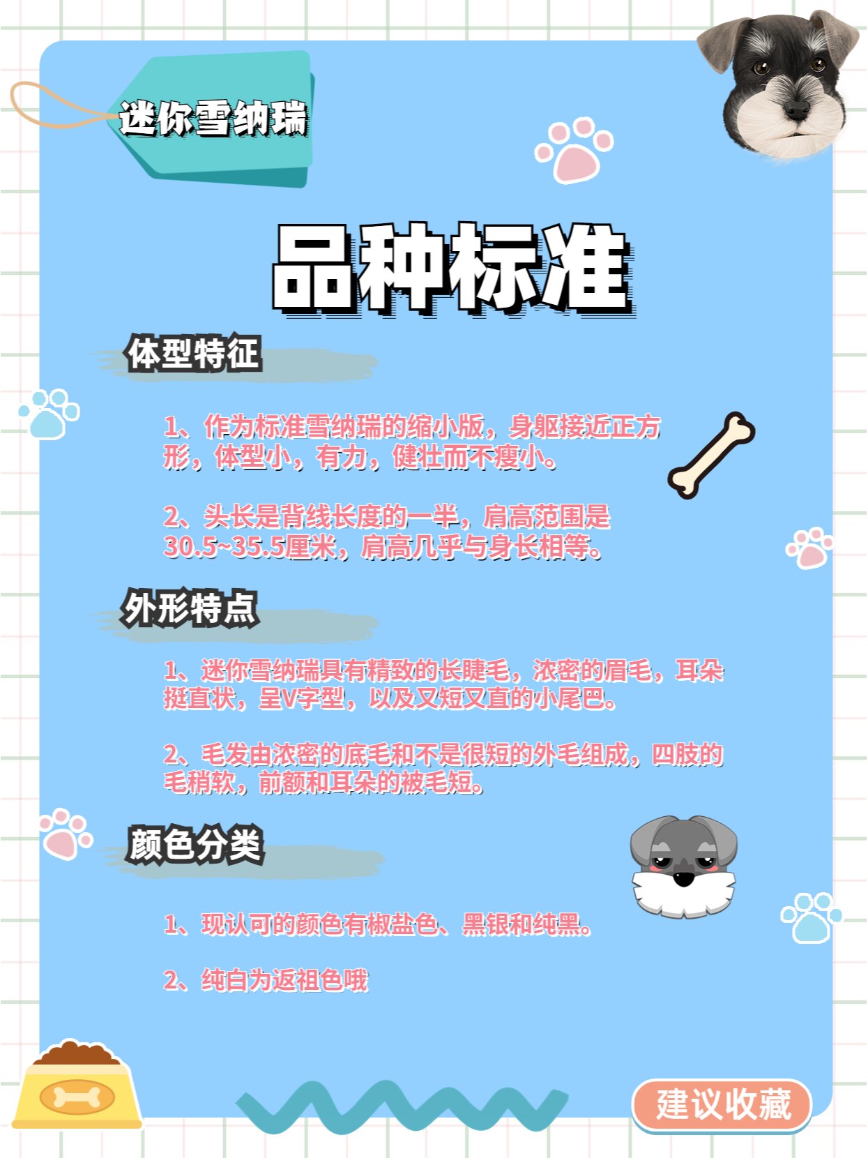 性格特点 品种标准 1,体型特征 作为标准雪纳瑞的缩小版,身躯接近正