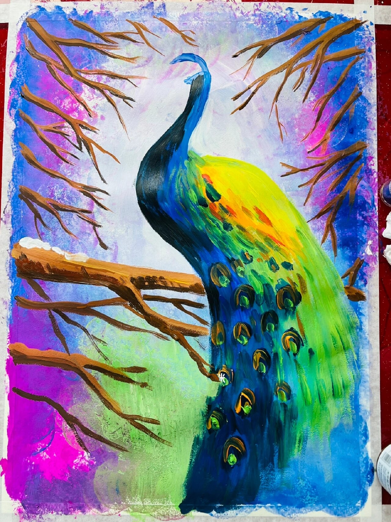 7-9岁《孔雀08》儿童创意水粉画 随手分享最近临摹的一幅创意水粉画