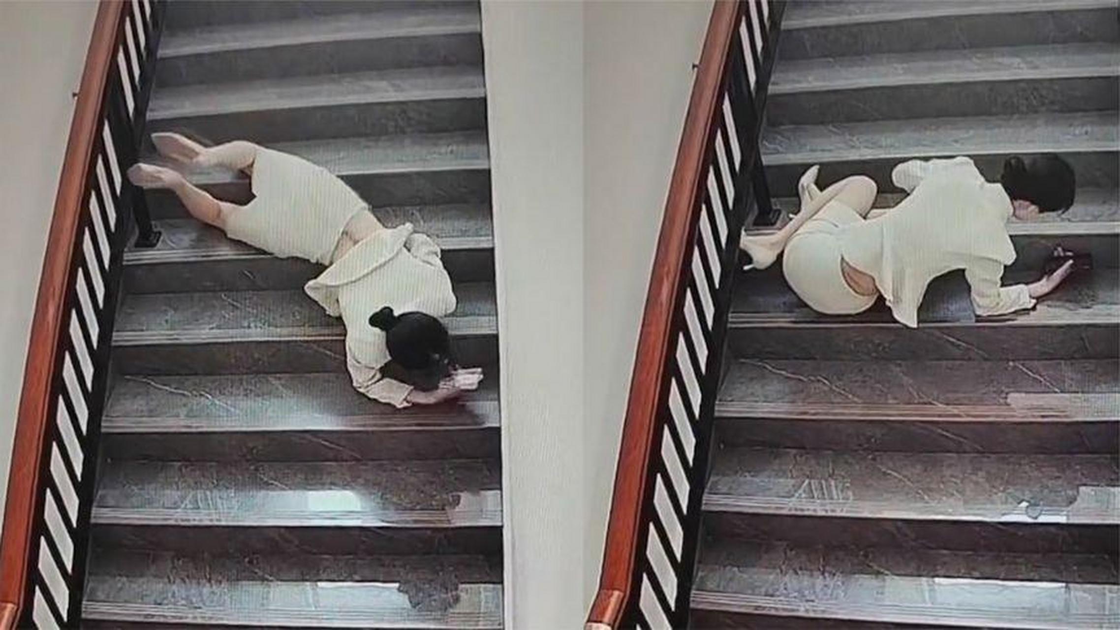 一女子在下楼梯时不慎摔倒,随后的举动当场看呆众人