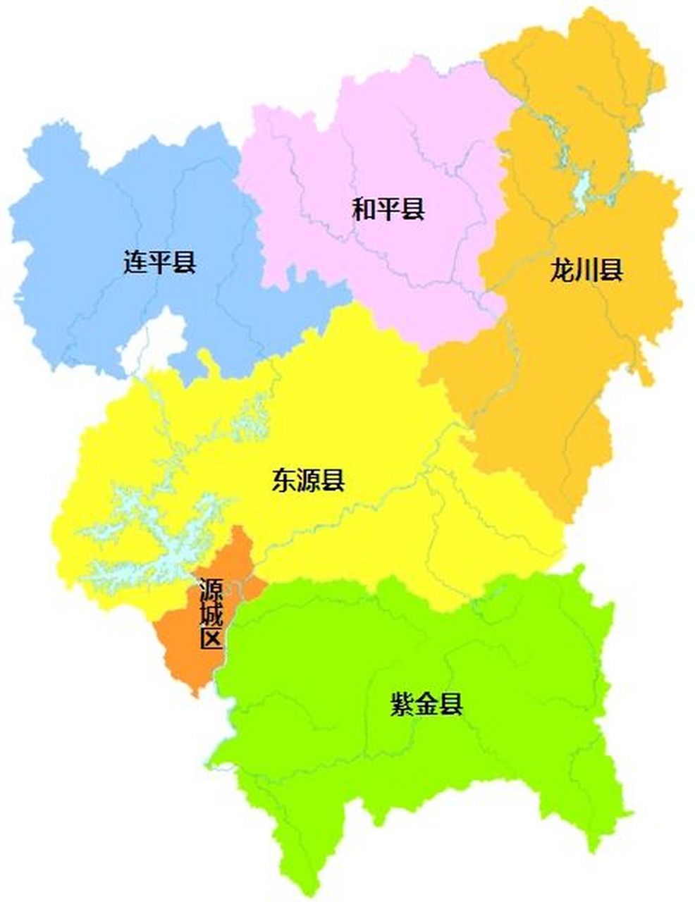 河源全市划分为 1个区:源城区 5个县:东源县,和平县,龙川县,紫金县