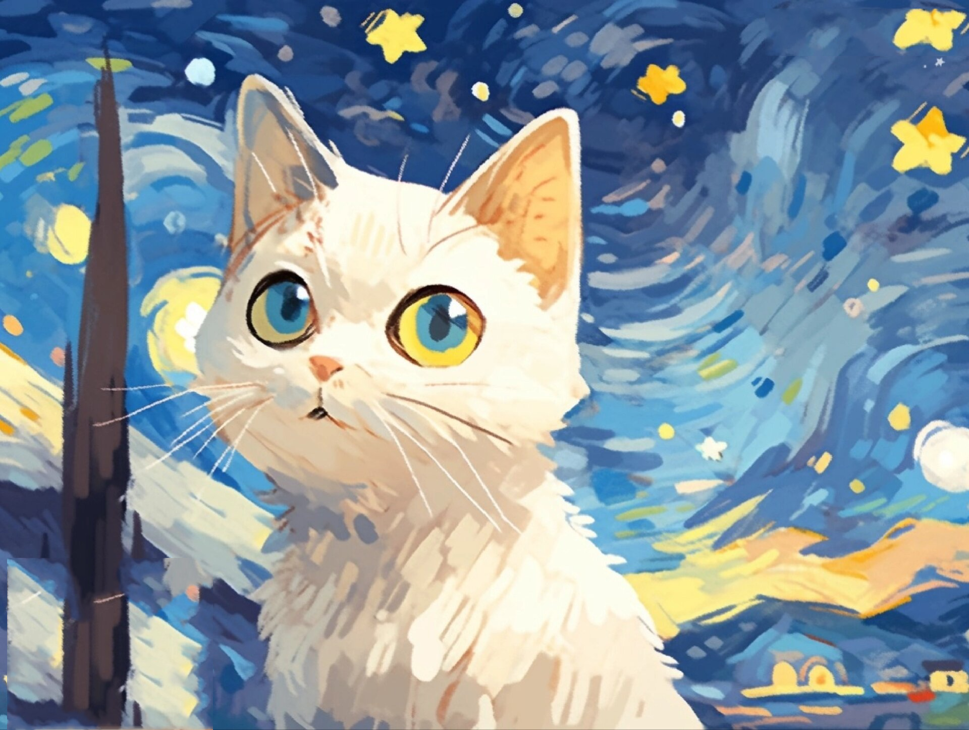 仰望星空|油画风白色猫咪ipad壁纸 当你仰望星空的那一刻,会想些什么