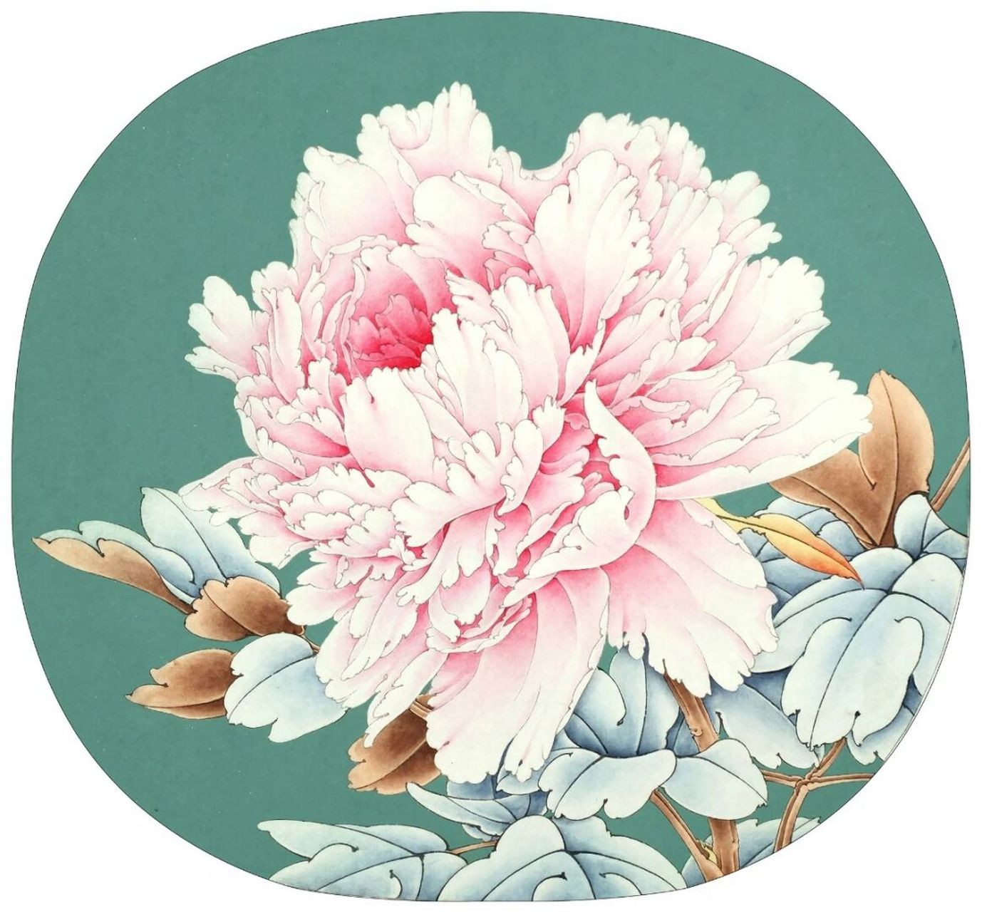 工笔画步骤分享牡丹团扇《赵粉》 1,花头淡墨勾勒,正叶及枝梗部分则