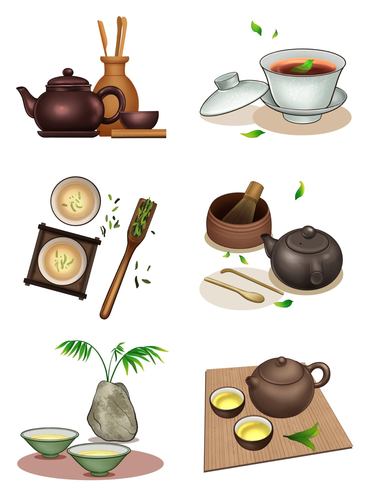【插画素材】手绘卡通国潮茶文化茶具组合