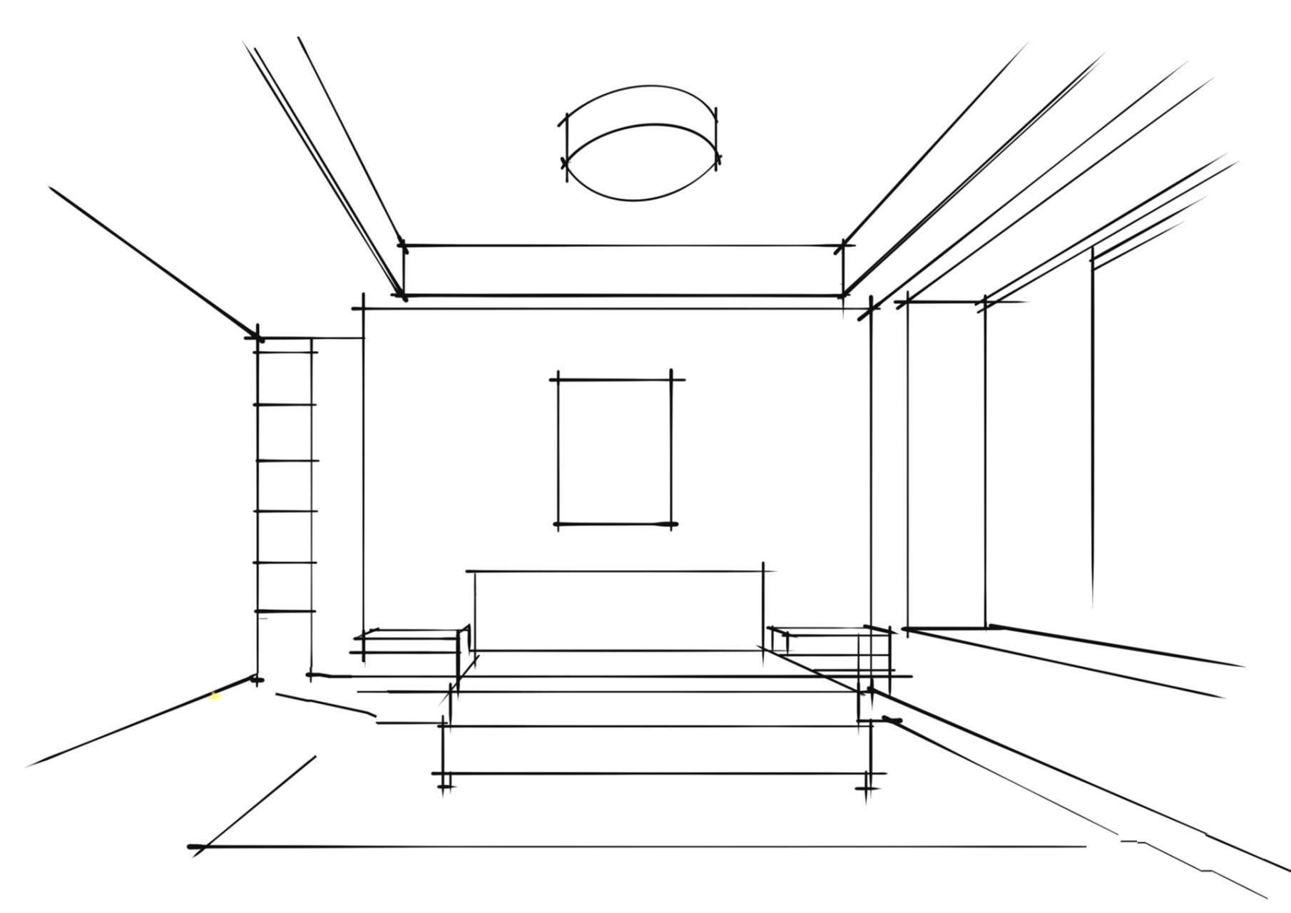 卧室空间怎么画 透视:一点透视 风格:现代风格 在绘画之前要先找到