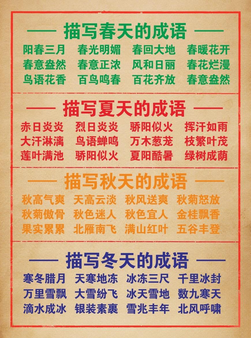 四季成语春夏秋冬,好词积累,速速保存起来