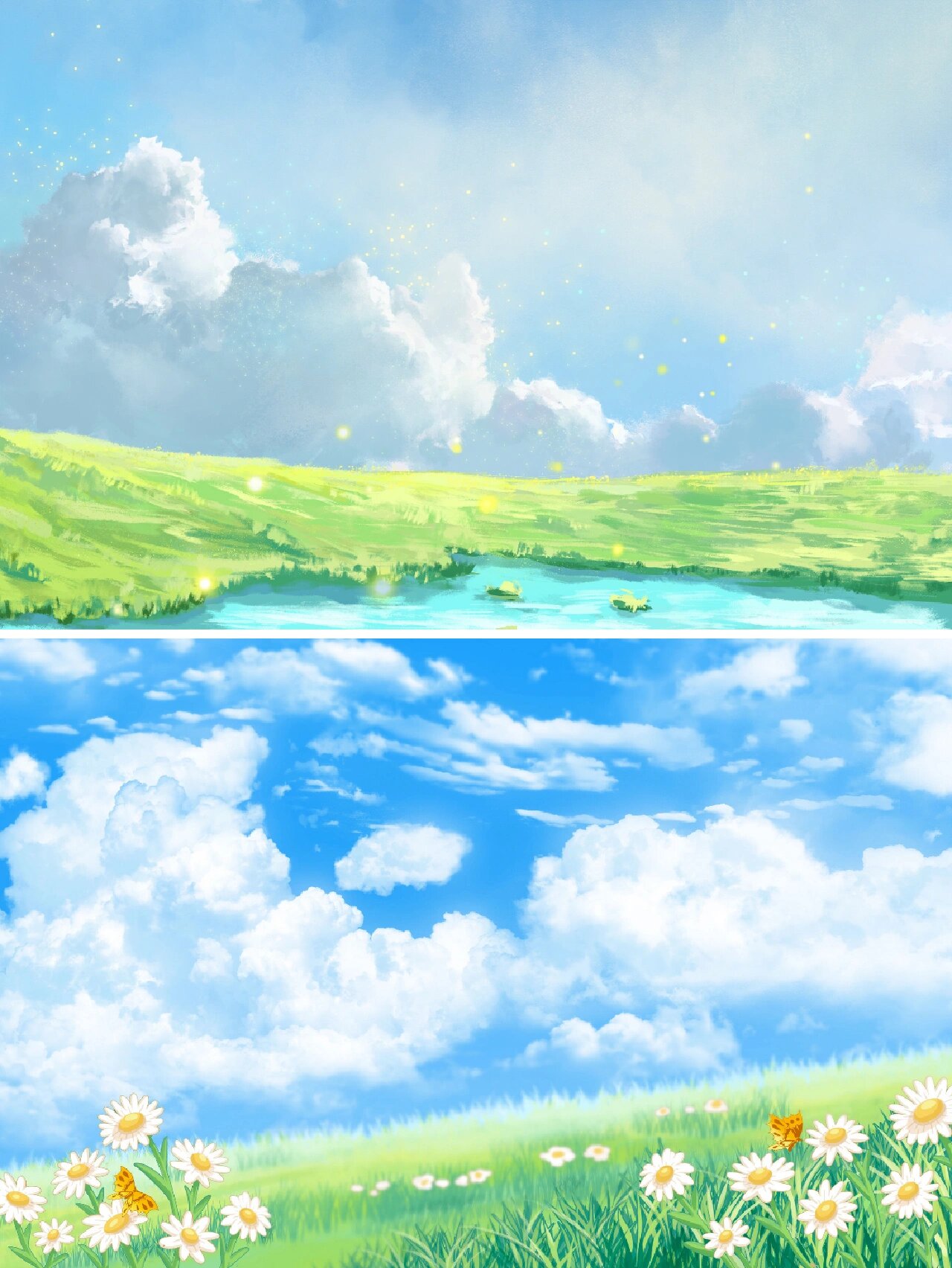 森系春天草地蓝天白云宫崎骏日系场景背景图