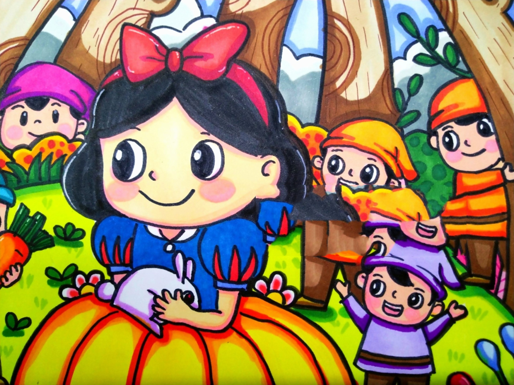 马克笔儿童画《白雪公主和七个小矮人》 临摹丹尼索作品