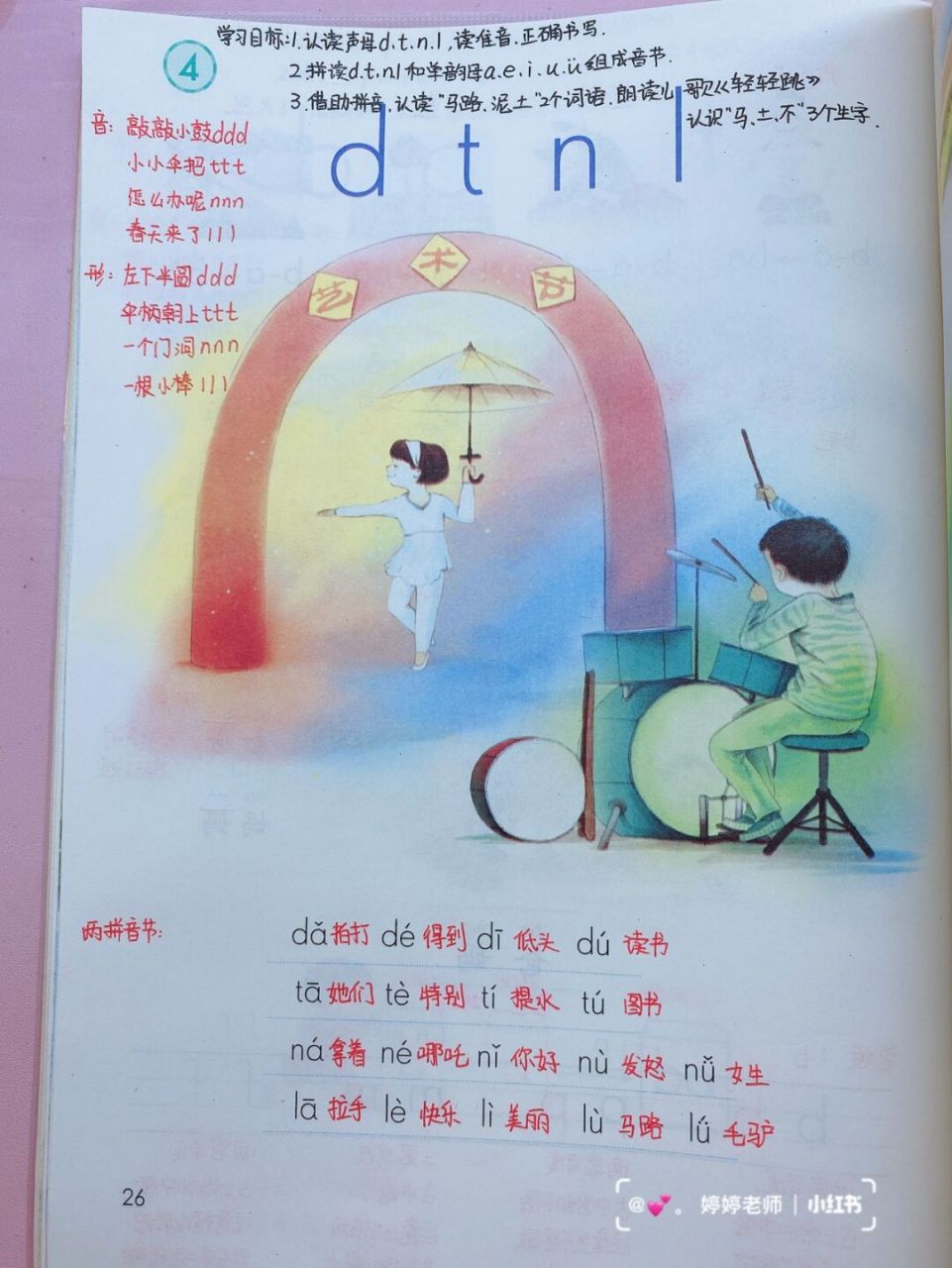 l ,读准音,正确书写. 2.拼读d. t. n. l 和单韵母a. e. i. u.