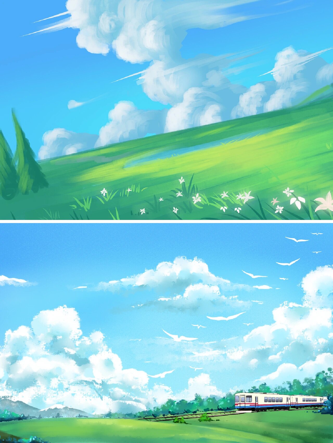 森系春天草地蓝天白云宫崎骏日系场景背景图