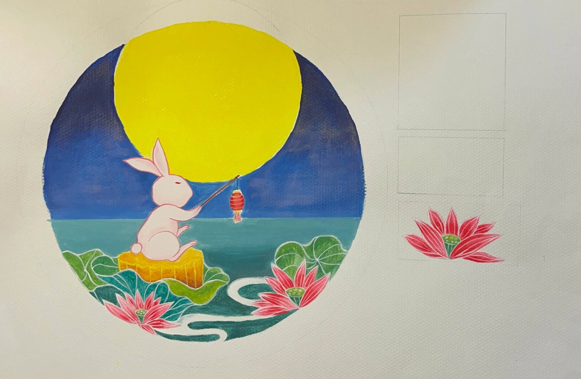 中秋半成品手工灯笼(上) 准备材料: 1.水粉纸,水粉颜料,笔 2.