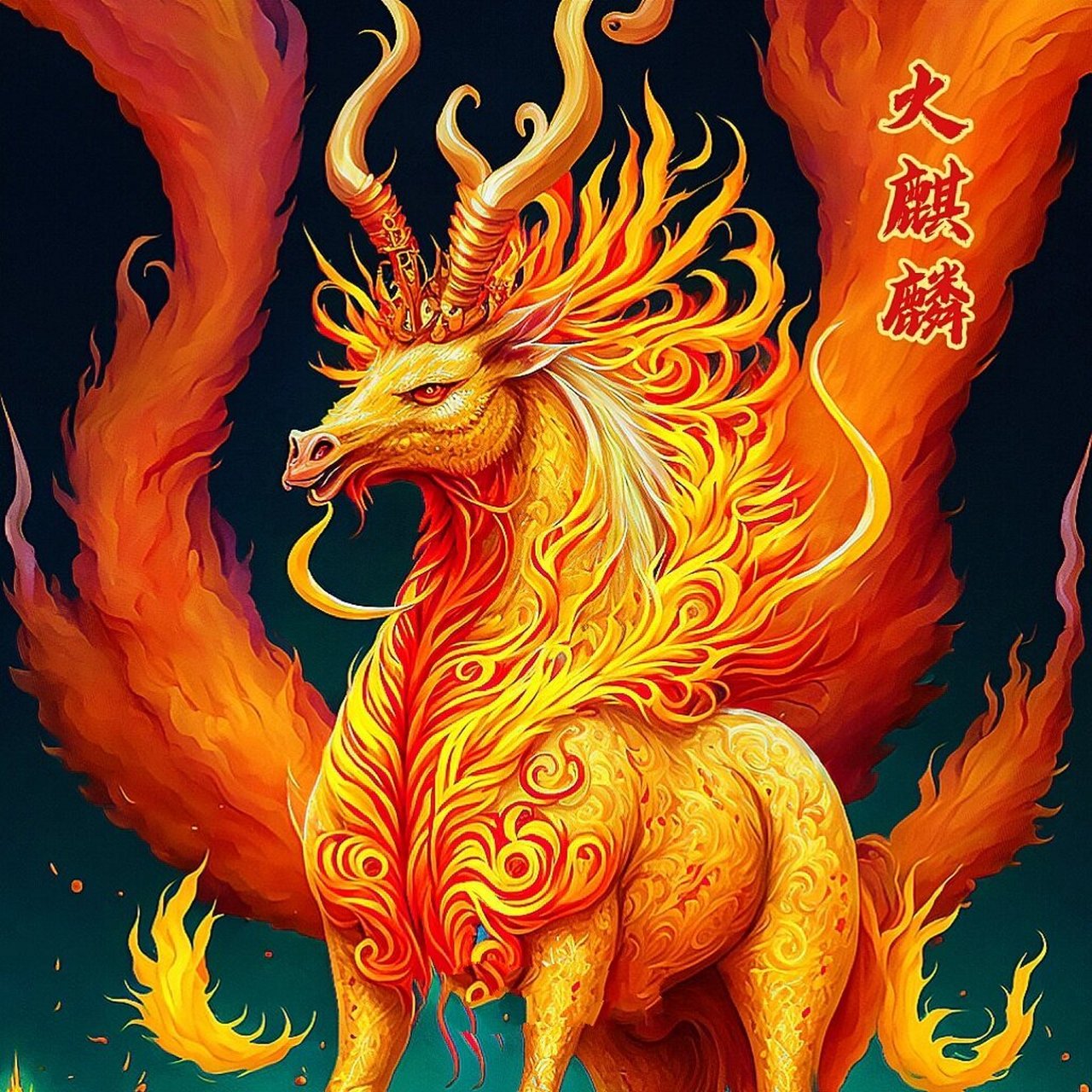 【ai绘画】火麒麟四种形态 麒麟,亦作勾陈,骐𬴊,是中国古代神话传说