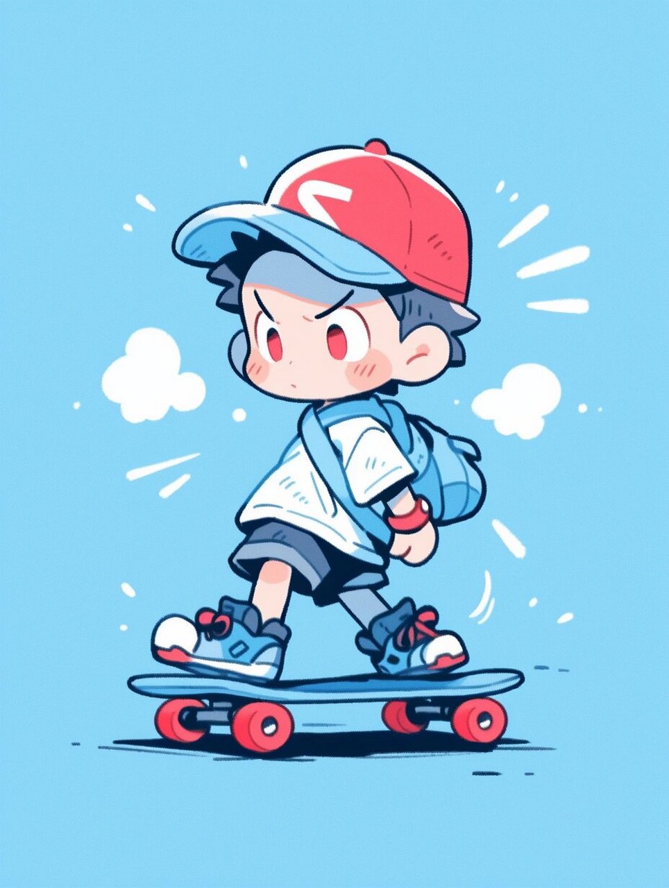 midjourney 简笔画,骑滑板的少年